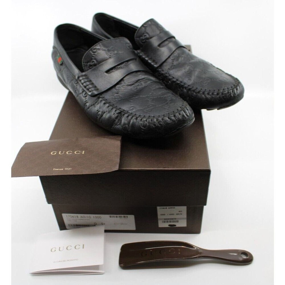 Men's GUCCI Guccissima GG Black Logo Leather Loafers Size US 10.5  GUCCI 9.5